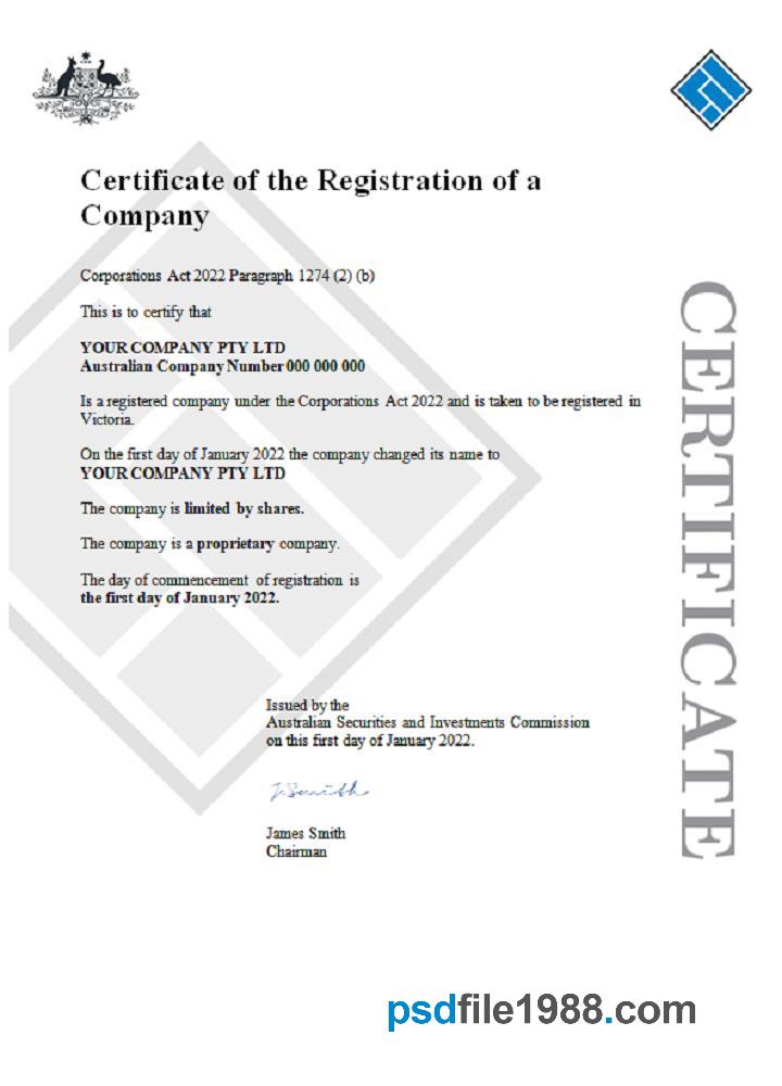 Aust ASIC Certificate of Company Registration 1